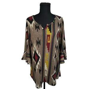 Rod’s Western Wear Brown Aztec Print Bell Quarter Sleeve Tunic Top Size M